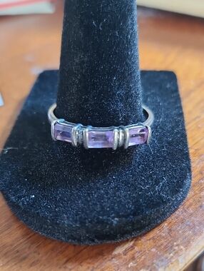 Sterling Silver Ring Features Three Baguette-Cut Amethyst Gemstones. 